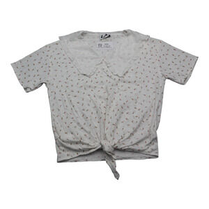 LA Shirt Womens M White Short Sleeve Collared Floral Pullover Basic Blouse